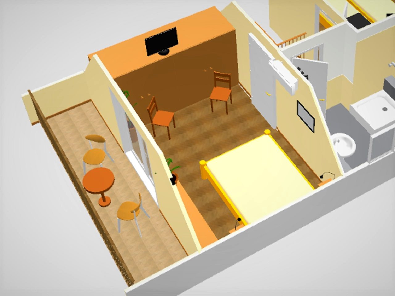 3D floor plan of the upper floor: the two bedrooms and the bathroom