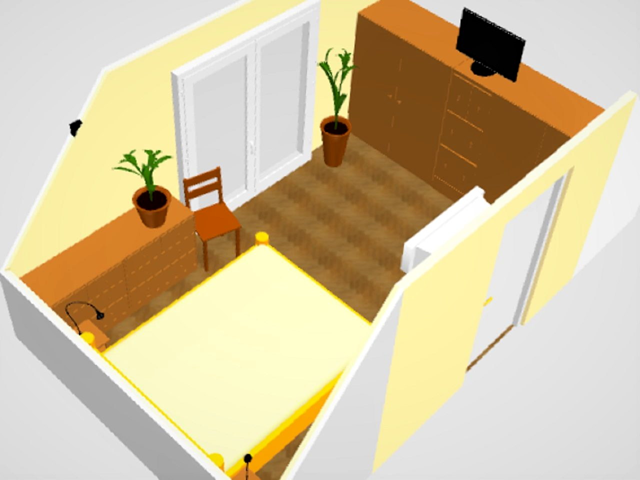 3D floor plan of the bedroom with the balcony