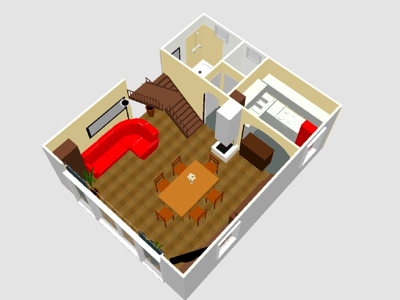3D floor plan of the ground floor: living room, dining area and stairs